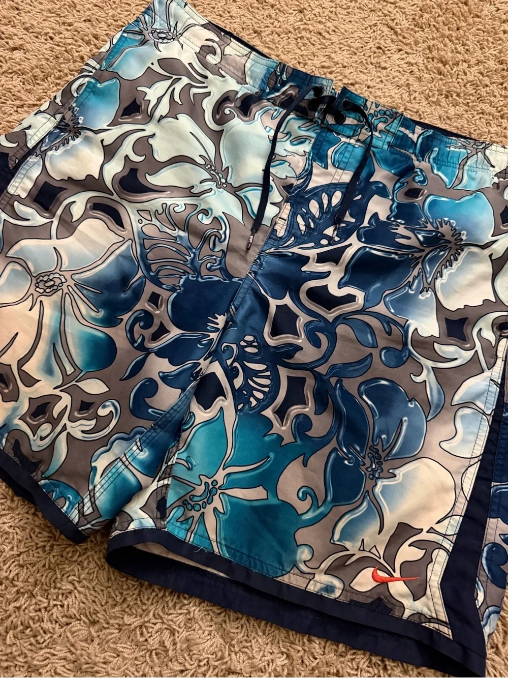 Vintage Y2K Nike Shorts Mens M Blue Hawaiian Floral Board Beach Surf Swim RARE